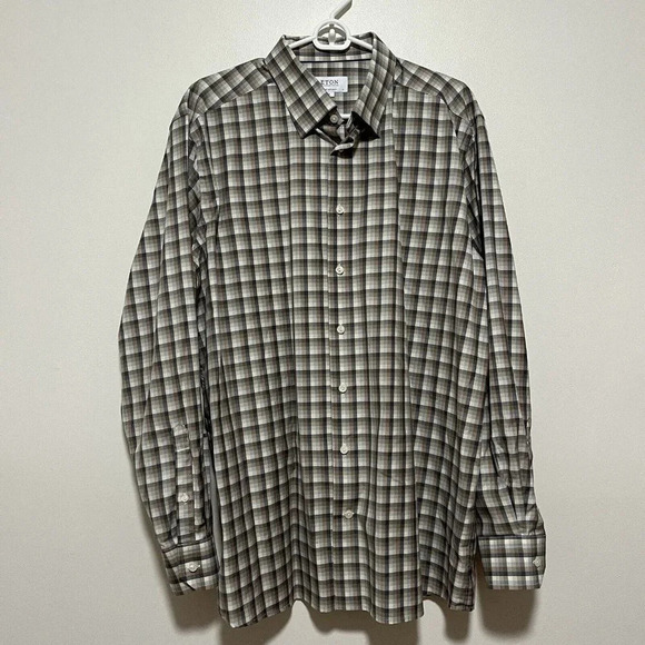 Eton Contemporary Gray Brown Check Button Down Shirt Size XXL 46/18 - Picture 1 of 6